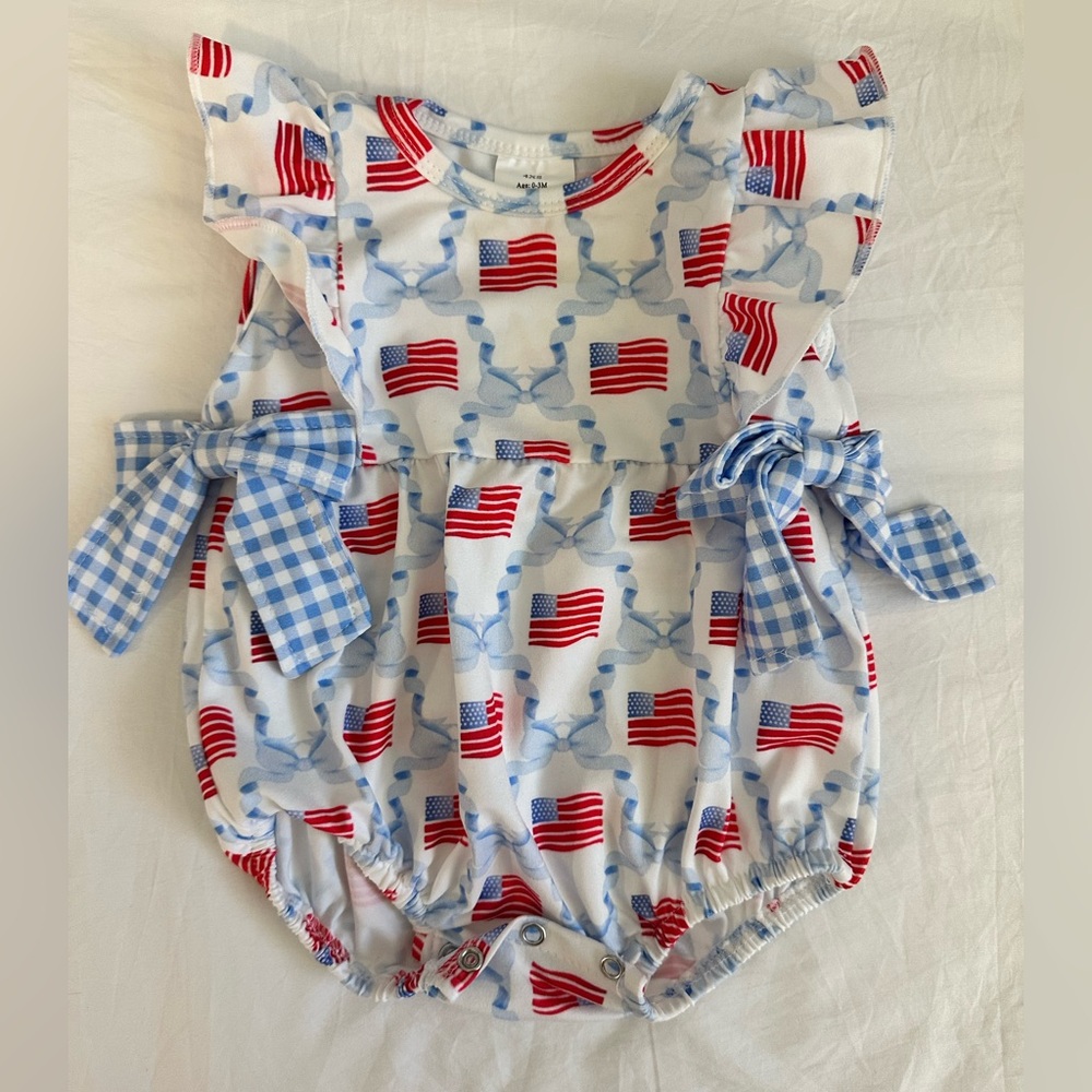 Baby Girl Patriotic American Flag Bubble Romper with Bows